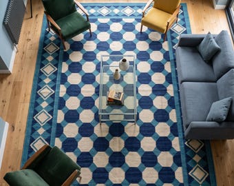 Scandinavian Style Wool Blend Carpet, Blue and White Geometric Flatweave Rug, Handwoven Modern Octagon Pattern Dhurrie, Ideal for Bedrooms