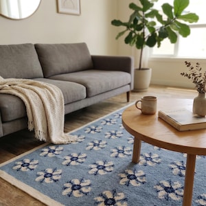 May include: A rectangular area rug featuring a light blue background with a repeating pattern of white and dark blue floral motifs. The rug has a cream-colored border and is positioned on a wooden floor in front of a gray sofa and a round wooden table.