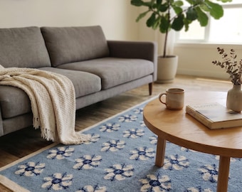 Alfombra de estilo escandinavo con forma de estrella, Kilim de algodón y lana tejido a mano, alfombra plana azul, Dhurrie reversible con estampado floral moderno para interiores.