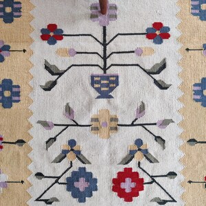 Puede incluir: Una alfombra tejida que presenta un panel central blanco con un patr&oacute;n floral sim&eacute;trico en rojo, azul, lavanda y gris. El dise&ntilde;o incluye flores estilizadas, hojas y un motivo de jarr&oacute;n central, enmarcado por un borde dentado y paneles laterales de color tostado.
