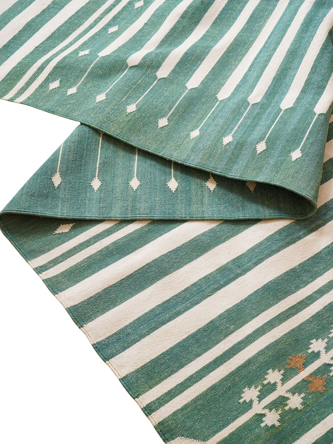 Green and White Cotton Flatweave Rug, Cotton Dhurrie Rug, Stripe ...