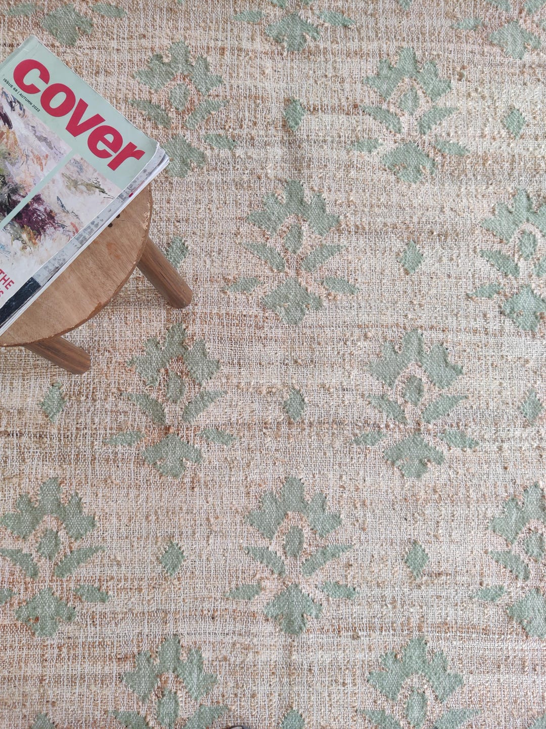 Heart Green Jute Rug Natural Green Flower Cotton Jute Rug, Large Floor Area Kilim Dhurrie ...