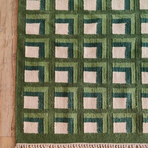 Modern Wool Rug, Luxury Wool Area Rug, Green Scandinavian Design Rug, Checkered Rug, Handwoven Flatweave Kilim Rug, 8X10 FT Wool Rug