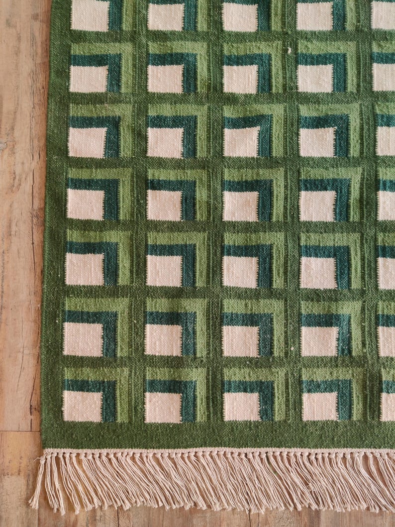 Modern Wool Rug, Luxury Wool Area Rug, Green Scandinavian Design Rug, Checkered Rug, Handwoven Flatweave Kilim Rug, 8X10 FT Wool Rug