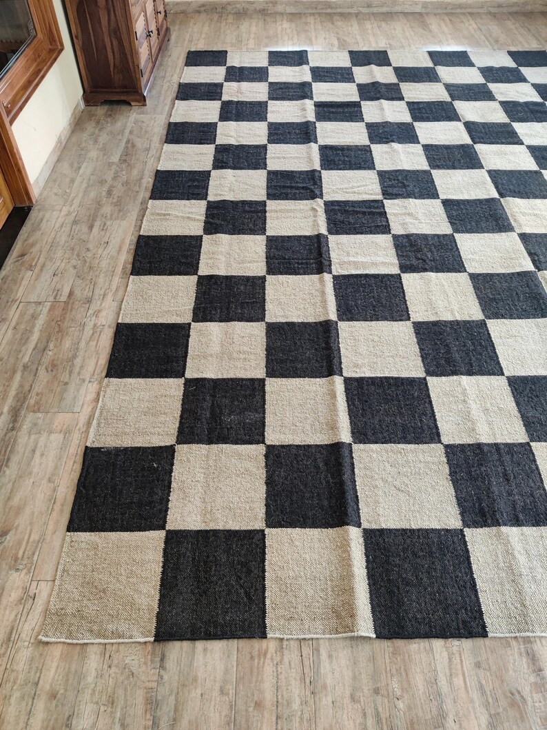 Checker Jute Rug, Black and White Area Checkered Rugs, Large Jute ...