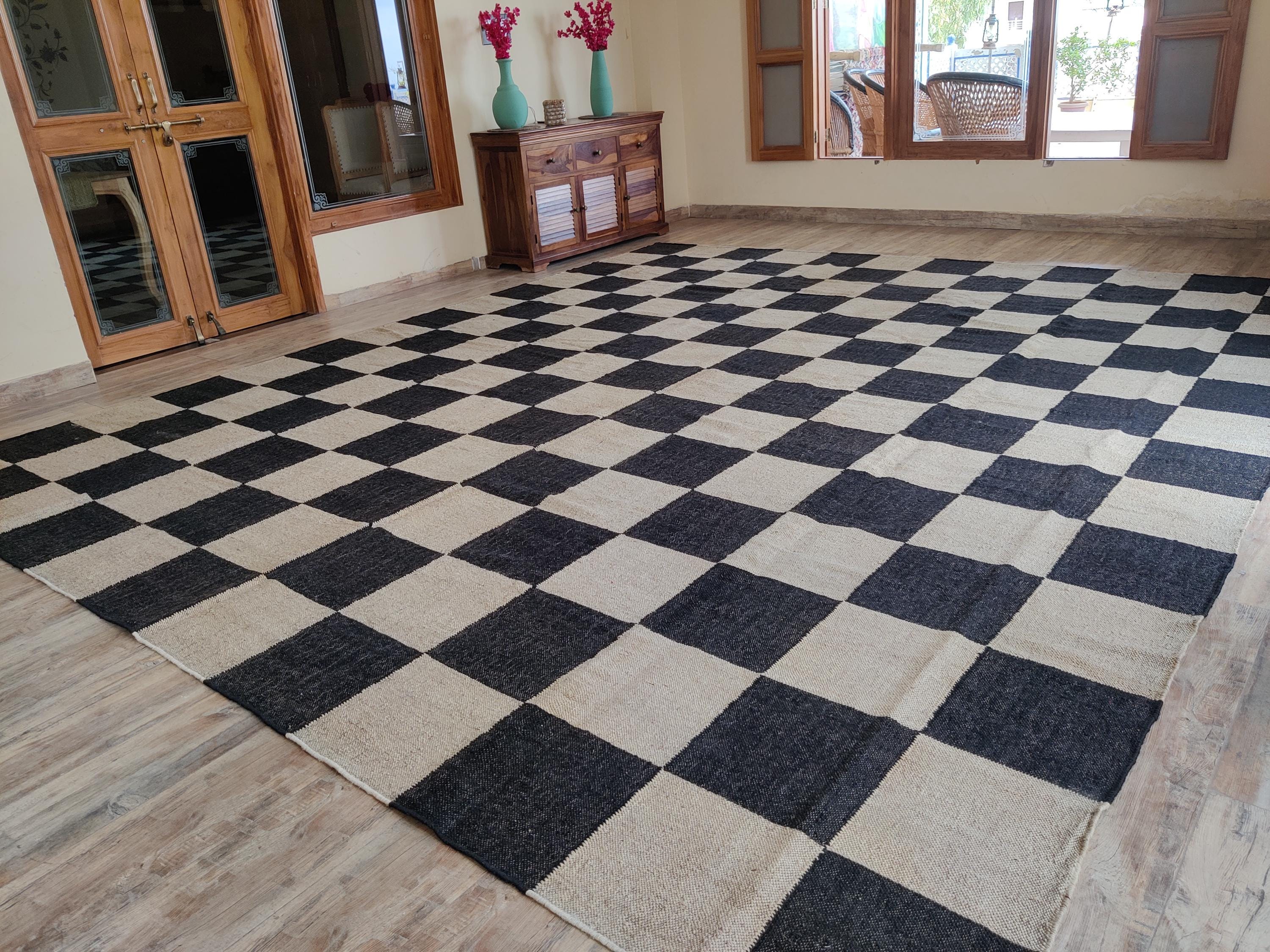 Checker Jute Rug, Black and White Area Checkered Rugs, Large Jute ...
