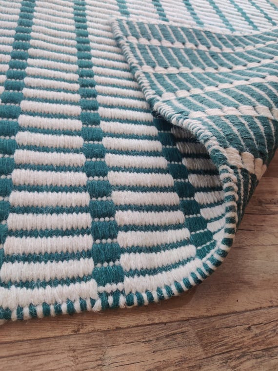 手織りウールエリアラグ、ブルーの幾何学模様の手織りラグ、平織りラグ