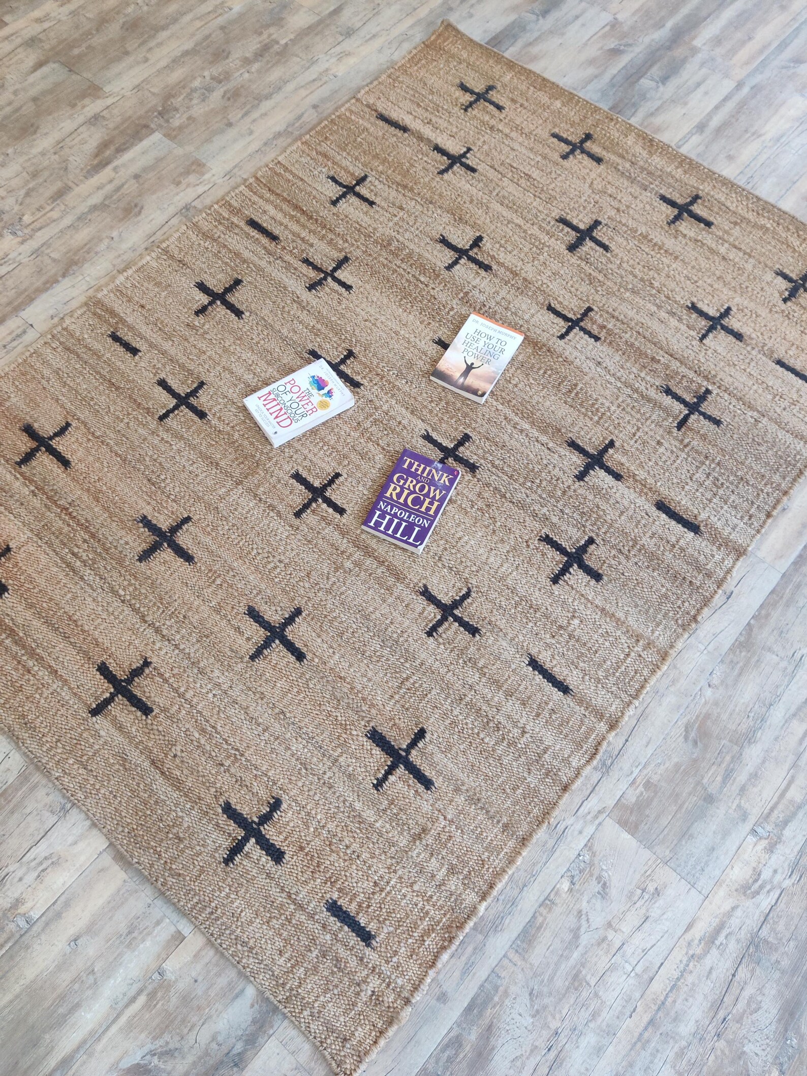Jute Hemp Rug With Black Cross Pattern Handwoven Natural Fiber Photo Inspiration
