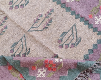 Handmade Wool Jute Kilim Rug, Handwoven Wool Jute Rug, Floral Design Rug, Flatweave Rug, Bohemian Rug, Indian Dhurrie Rug, Custom Size Rug