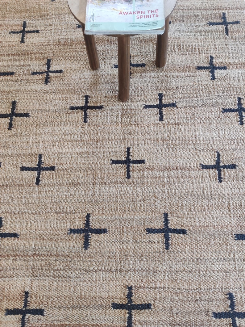 Photo inspiration: Visual Reference: Jute Hemp Rug With Black Cross Pattern Handwoven Natural Fiber
