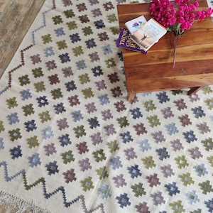 Cotton Wool Multicolor Rug, Modern Flatweave Area Rug, Ivory Persian Wool Rug, Handwoven Wool Rug For Living Room, 8x10 Ziggurat Kilim Rug, wool runner , 5x8, 6x9, 8x10 9x12 wool rug