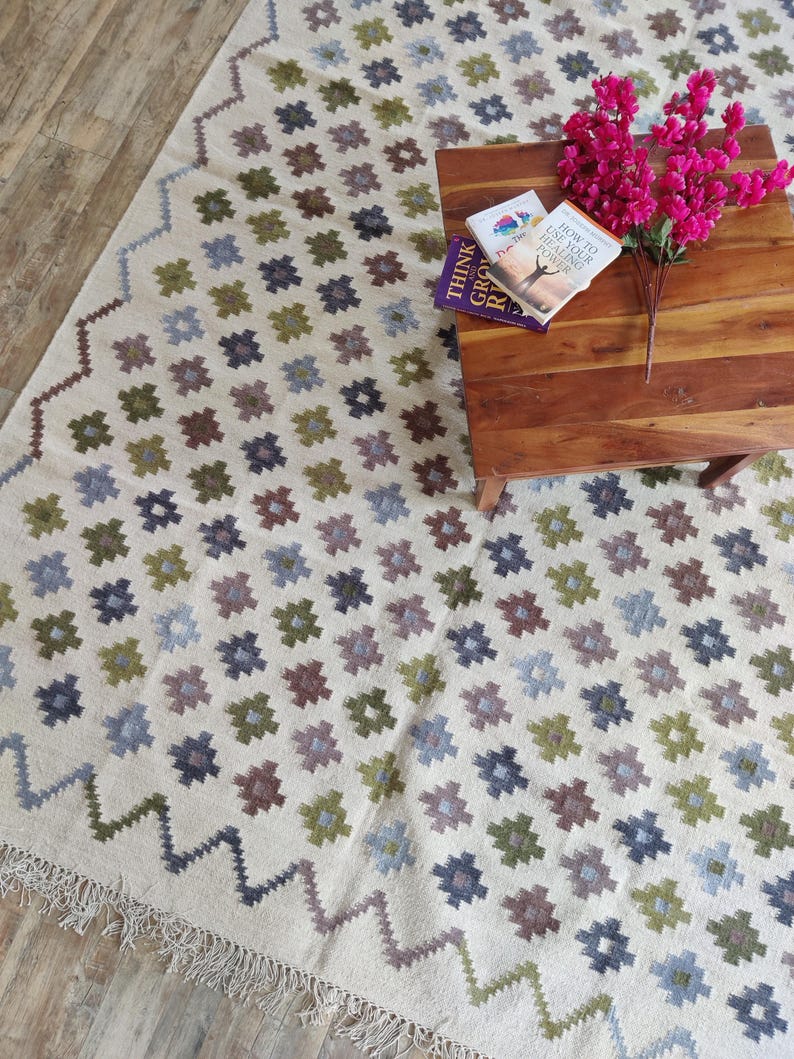 Cotton Wool Multicolor Rug, Modern Flatweave Area Rug, Ivory Persian Wool Rug, Handwoven Wool Rug For Living Room, 8x10 Ziggurat Kilim Rug, wool runner , 5x8, 6x9, 8x10 9x12 wool rug