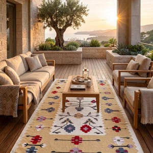 Puede incluir: Una alfombra rectangular con un borde color canela y un panel central blanco, decorada con un patr&oacute;n repetitivo de motivos florales estilizados en rojo, azul, morado y gris. La alfombra est&aacute; colocada sobre una terraza de madera bajo una mesa.