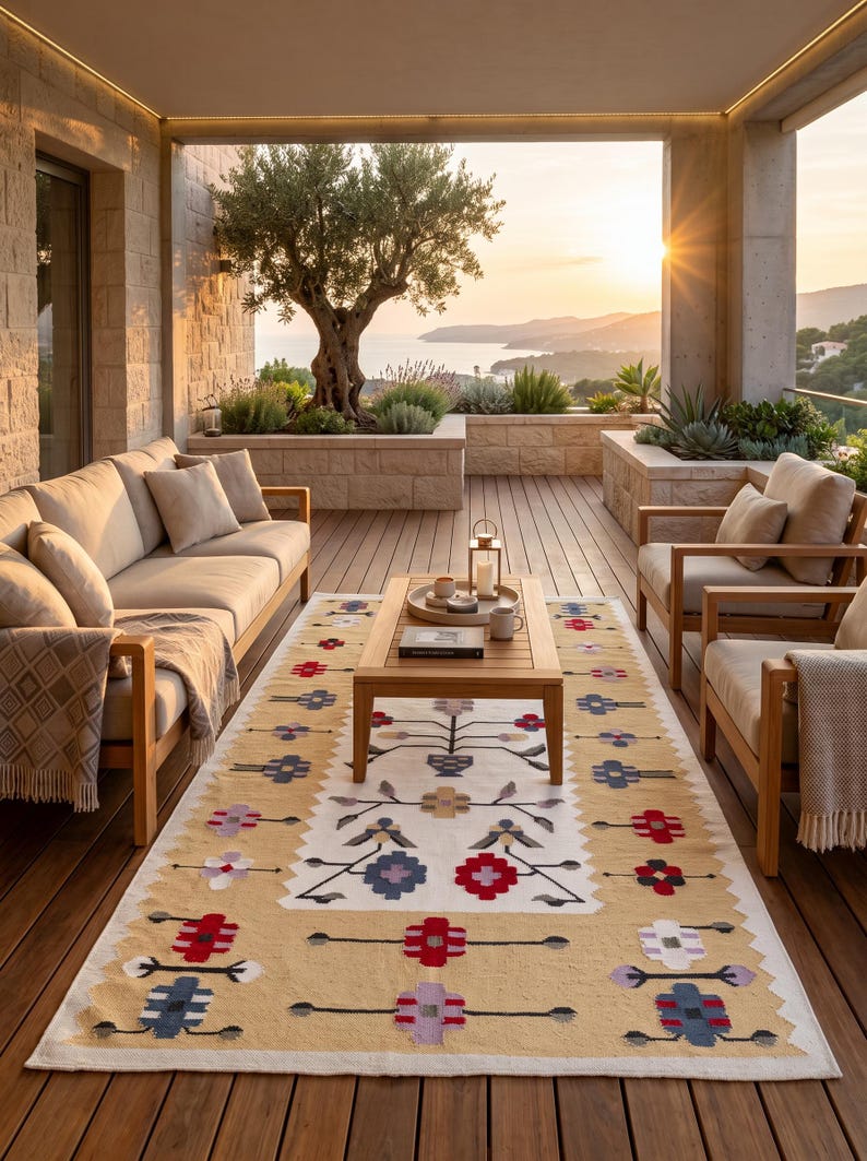 Puede incluir: Una alfombra rectangular con un borde color canela y un panel central blanco, decorada con un patr&oacute;n repetitivo de motivos florales estilizados en rojo, azul, morado y gris. La alfombra est&aacute; colocada sobre una terraza de madera bajo una mesa.