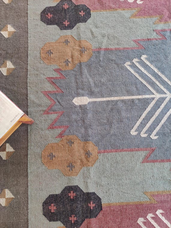 Handwoven Jute Kilim Dhurrie Rug | Large Geometric Carpet 8x10 | Tribal Flatweave Area Rug | Boho Living Room Floor Decor | Earthy Colors
