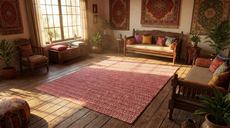 May include: A sunlit interior with wooden furniture, including a bench, chairs, and a trunk. A large red rug covers the floor. Decorative rugs hang on the walls. Plants and pillows add color to the room. A window lets in natural light.