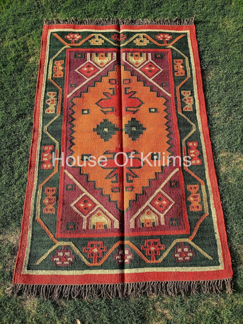Kilim Area Rug, Green And Orange Color Rug, Bohemian Accent Carpet, 5x8 Ft, 10x14 Ft shops Carpet