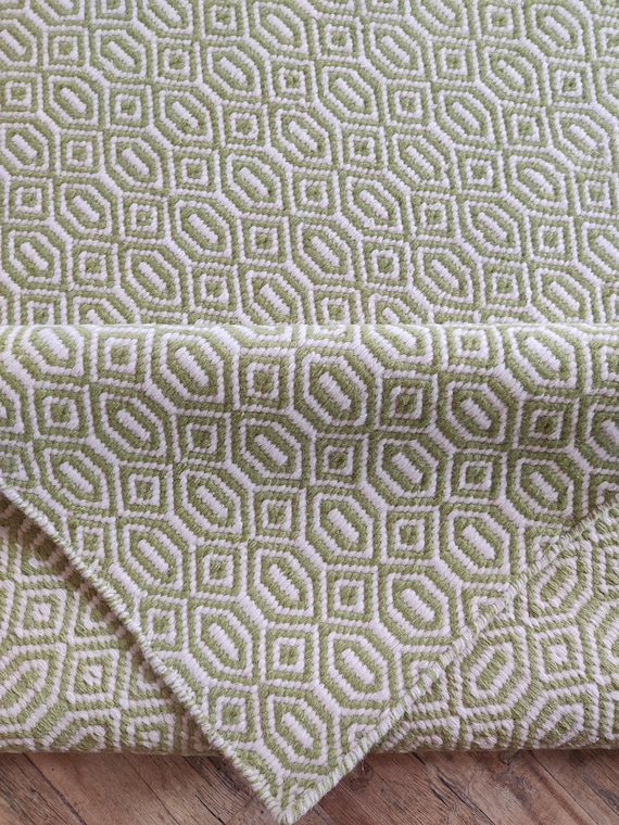 Green Wool Handloom Rug, Diamond Geometric Pattern Living Room Wool Area Rug Handmade Flatweave Carpet | Boho Home Decor Wool Rug 8x10
