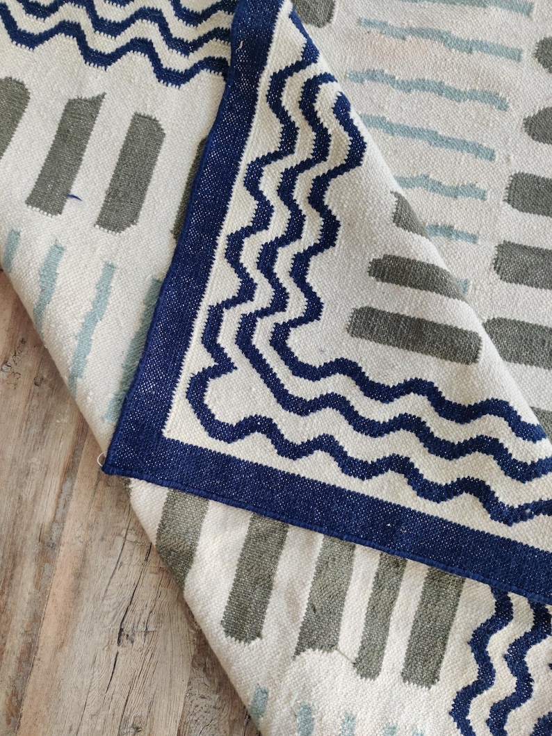 Blue White Shell Rug Modern Flatweave Area Rug, Blue and White Handwoven Rug, Wool Kilim Rug ...