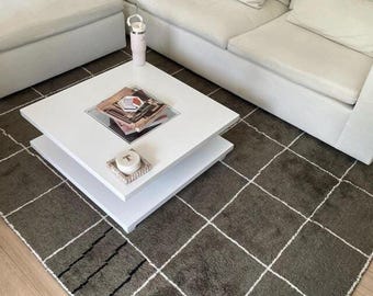 HandKnotted Wool Irregular Grid Rug 8x10 Moroccan Green Checkered Rug, Modern Minimalist Carpet Contemporary Home Decor