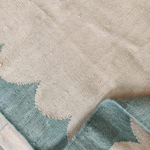 Scallop Border Cotton Wool Rug Minimalist Flatweave Carpet Handwoven Ivory & Green Area Modern Boho Handmade 5x8, 6x9, 8x10 FT Rug