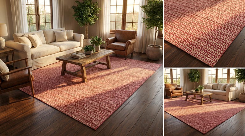 May include: A large, rectangular red area rug with a geometric pattern. The rug is placed in a living room setting with a sofa, chairs, and a wooden coffee table. The rug's dimensions are not specified.
