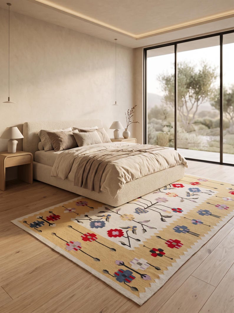 Puede incluir: Una alfombra rectangular que presenta un centro de color crema con un patr&oacute;n floral repetitivo en rojo, azul y morado claro. La alfombra tiene bordes anchos de color amarillo mostaza en los extremos superior e inferior, decorados con motivos florales.