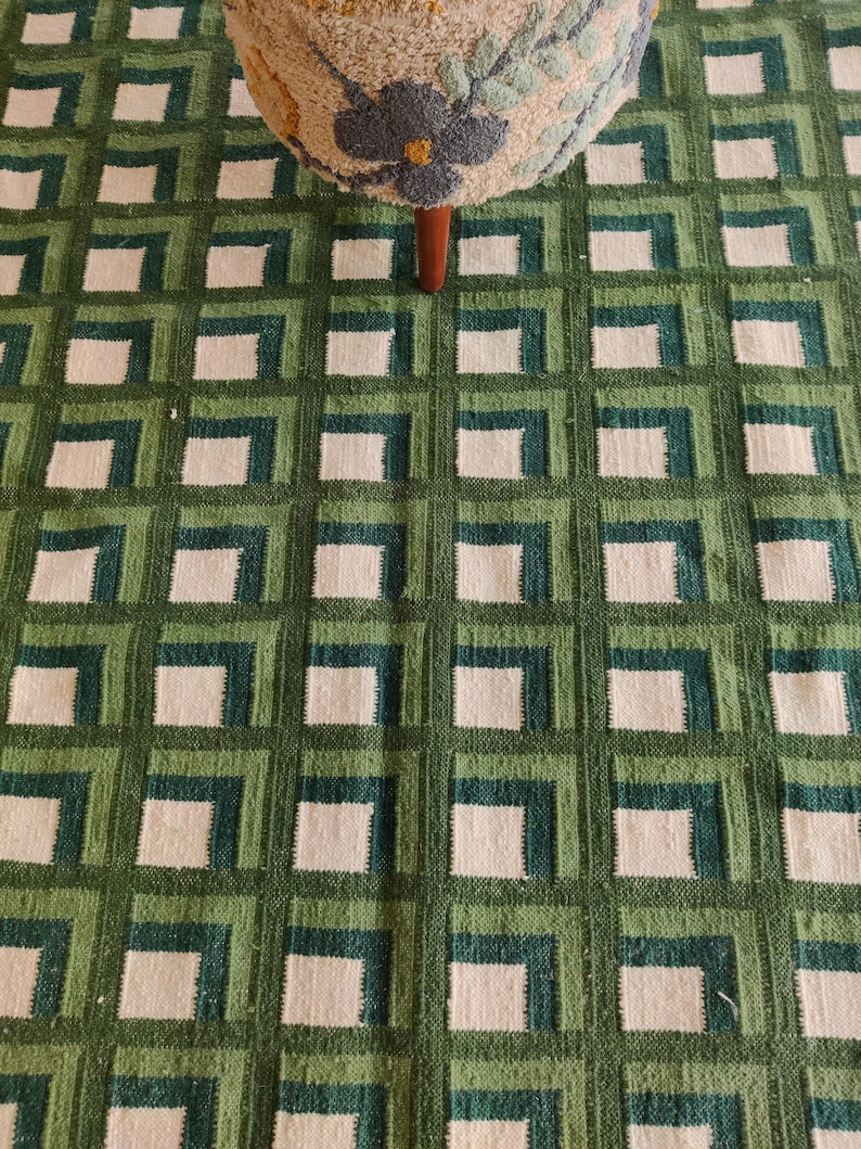 Modern Wool Rug, Luxury Wool Area Rug, Green Scandinavian Design Rug, Checkered Rug, Handwoven Flatweave Kilim Rug, 8X10 FT Wool Rug
