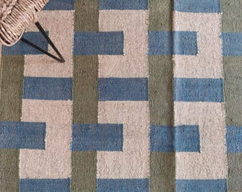 Geometric Wool Jute Kilim Rug, Handwoven Flatweave Carpet in Green & Blue, Modern Boho Dhurrie for Living Room or Bedroom, Kilim Dhurrie Rug