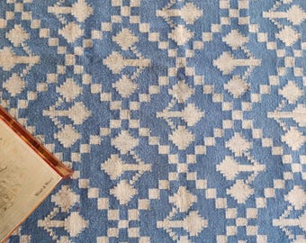 Handwoven Modern Flatweave Area Rug, Cotton Wool Blue And White Rug, Wool Rug For Indoor And Outdoor, 8X10 Kilim Woven Rug For Bedroom, Gift