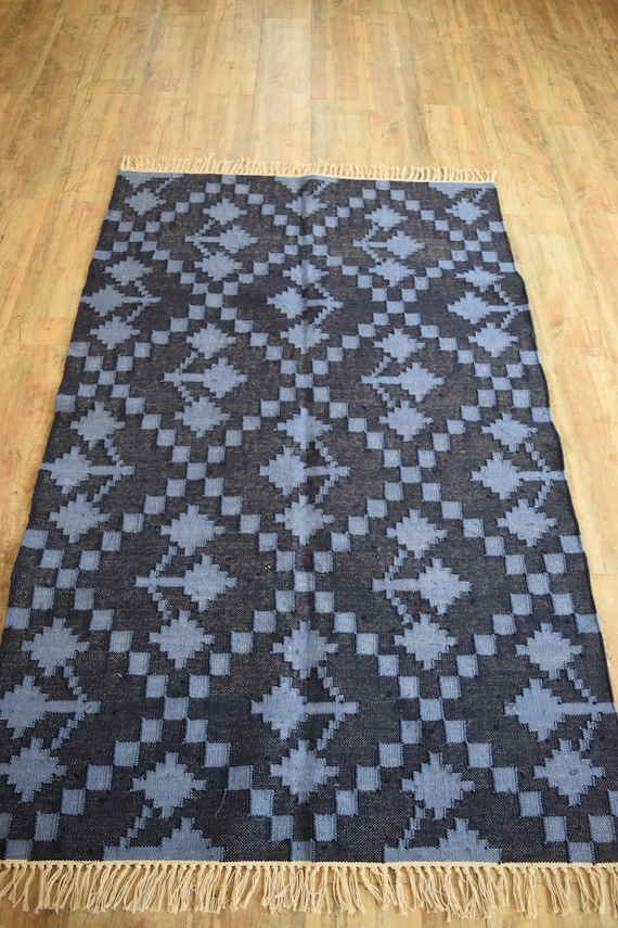 Handwoven Modern Flatweave Area Rug, 8x10 FT Dark Blue Rug, Rugs For Bedroom And Living Room, Custom Size Rugs, Reversible Rug