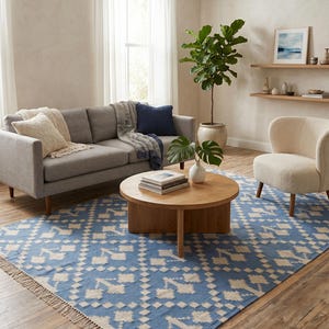 Alfombra de lana tejida a mano, estilo Kilim moderno, azul diamante, tejido plano Dhurrie, alfombra bohemia para dormitorio, tamaño personalizado.