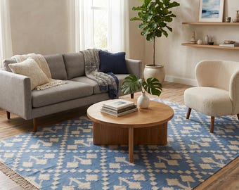 Handwoven Wool Rug Modern Kilim Blue Diamond Flatweave Dhurrie, Boho Bedroom Area Rug, Custom Size