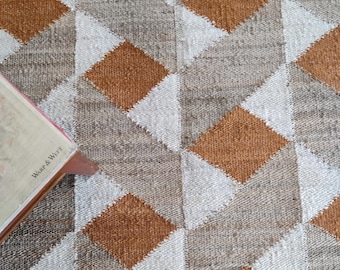 Geometrischer Hanf Teppich, Handgewebter Wollteppich, Juteteppich, Kilim Teppich, Handgewebter Wollteppich, Handgewebter Kelimteppich, Handgewebter Kelim Teppich