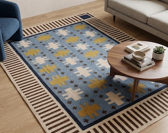 Traditional Handwoven Blue Geometric Area Rug, Modern Tribal Dhurrie, Scandinavian Boho Wool Flatweave Kilim, Custom Sizes for Living Room