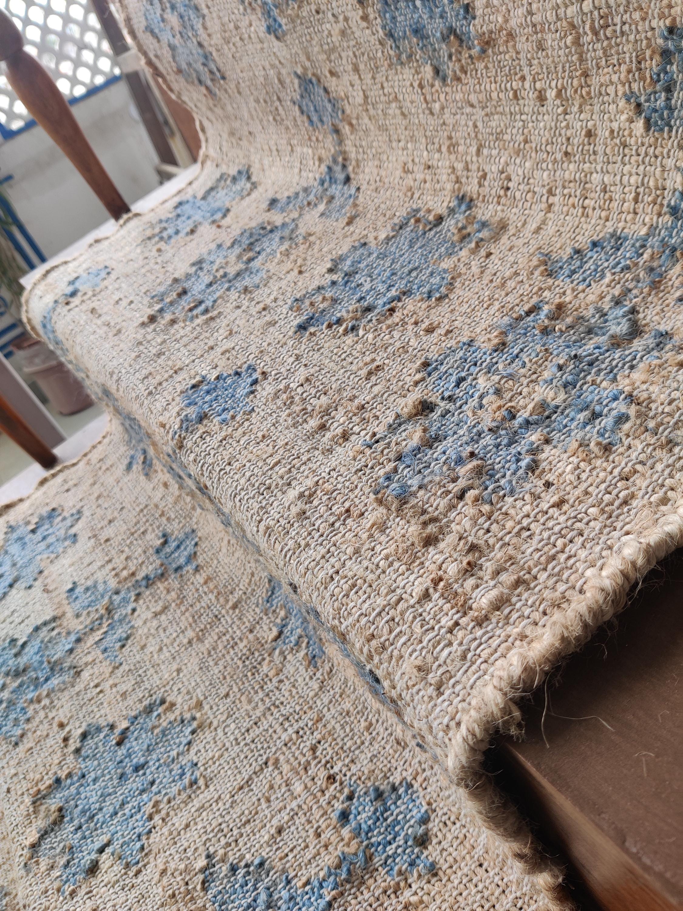 Natural Blue Tribal Handwoven Runner, Cotton Jute Runner Rug, Boho ...