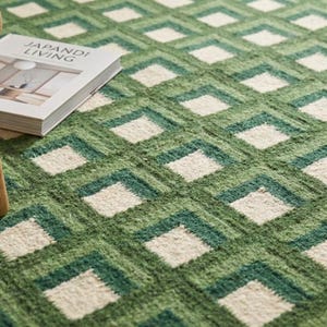Alfombra plana moderna de lana tejida a mano Kilim 8 x 10 pies, alfombra a cuadros de diseño escandinavo verde