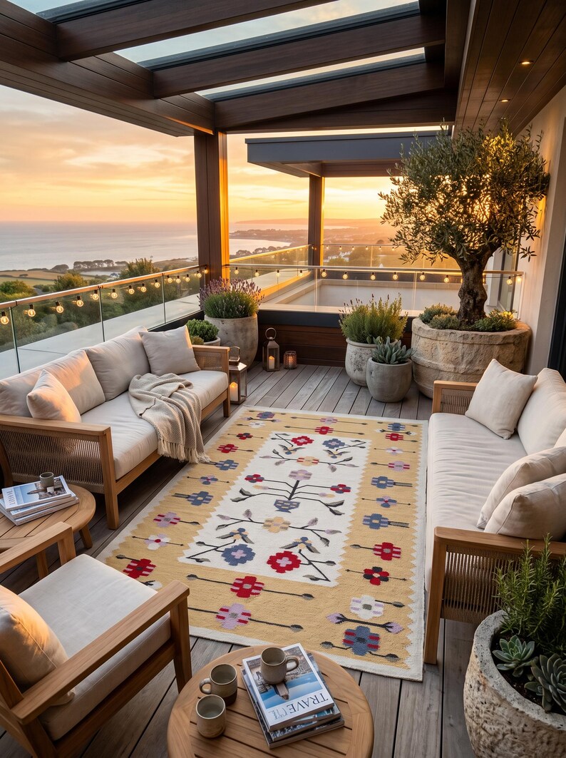 Puede incluir: Una alfombra rectangular con un centro de color crema que presenta un patr&oacute;n floral sim&eacute;trico en rojo, azul y morado, bordeada por una ancha franja amarilla con motivos florales repetitivos, colocada sobre una terraza de madera entre dos sof&aacute;s beige.