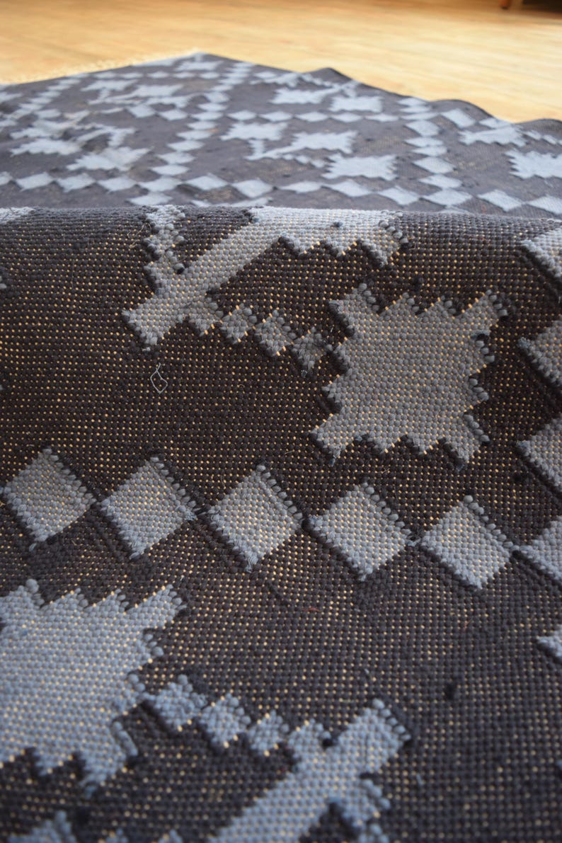 Puede incluir: Primer plano de una alfombra tejida con un patr&oacute;n geom&eacute;trico en tonos azules y negros. La alfombra tiene una superficie texturizada y un aspecto ligeramente desgastado.