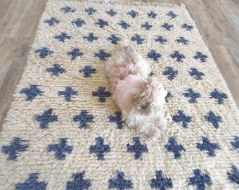 Blue And White Rug, Wool Moroccan Rug, Pet-Friendly Rug, Wool Rug, Hallway Rug, Custom Rug, Area Rugs Bedroom And Living Room Rug