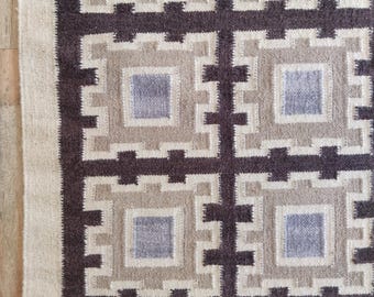 May include: Close-up of a woven rug with a geometric pattern. The rug features a repeating design of squares and crosses in shades of brown, beige, and gray. The border is a darker brown, and the rug has a textured appearance.