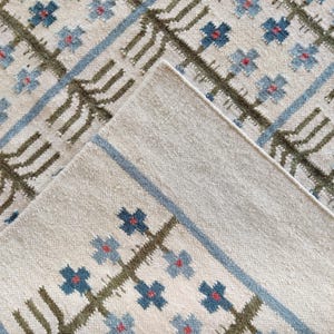 Op de afbeelding: Beige tapijt met een herhalend patroon van blauwe en rode bloemmotieven en olijfgroene takken. Het tapijt heeft een blauwe rand en een opgevouwen hoek, waardoor de onderkant zichtbaar is.