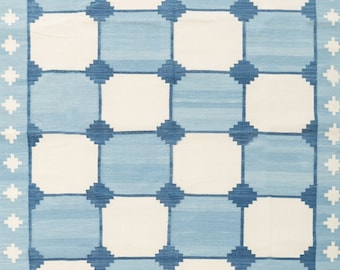 Handwoven Blue Tile Design Area Rugs, Cotton Flatweave Rugs, Modern Cotton Rugs, Contemporary Rugs, Boho Rugs, Drawing Room Rugs