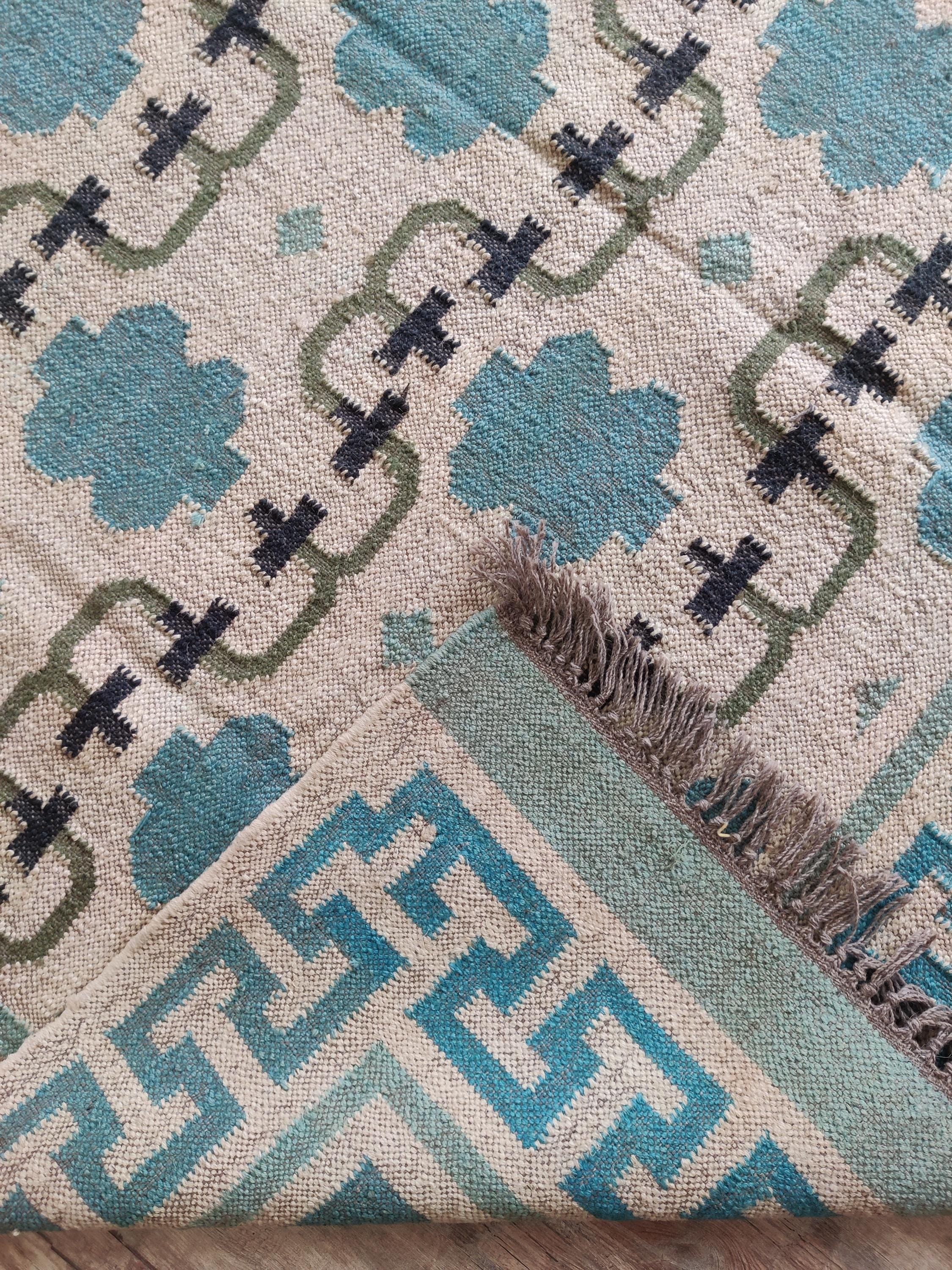 Blue and Green Rug, Jute Kilim Reversible Rug, Kilim Dhurrie Rug