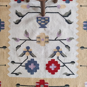 Puede incluir: Una alfombra tejida con un centro de color crema y un patr&oacute;n repetitivo de flores estilizadas y formas geom&eacute;tricas en rojo, azul, amarillo y gris. La alfombra tiene un borde ancho de color tostado y un dise&ntilde;o dentado en la secci&oacute;n interior.