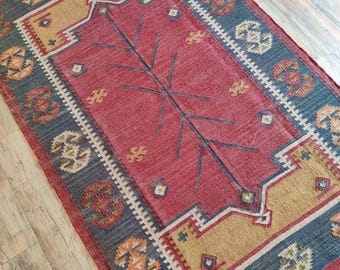 Handmade Large Kilim Rug, Handwoven Wool and Jute Rug, Handmade Kilim Dhurrie Rug,  Oriental, Traditional Indian, Geometric, Turkish Rug