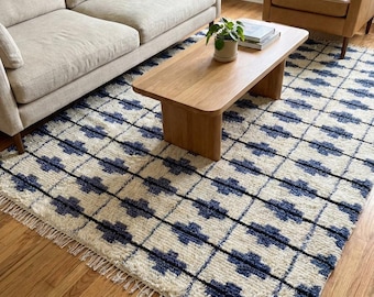 Blue and White Moroccan Beni Ourain Wool Rug - Handmade Pet-Friendly Area Carpet for Modern Living Room or Bedroom Decor