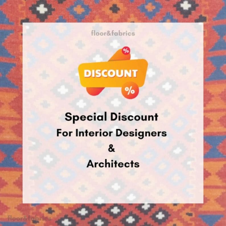May include: A pink and orange graphic with the text "floor&fabrics" and a yellow shopping cart with the word "DISCOUNT" inside. The text "Special Discount For Interior Designers & Architects" is below the cart.