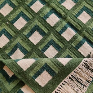 Modern Wool Rug, Luxury Wool Area Rug, Green Scandinavian Design Rug, Checkered Rug, Handwoven Flatweave Kilim Rug, 8X10 FT , 5X8, Wool Rug