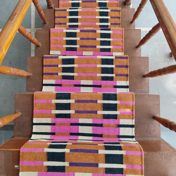 Striped Geometric Runner Rug, Handwoven Cotton Wool Runner, Modern Wool Entryway or Hallway Runner Rug, Premium Wool Runner Gift For Runner